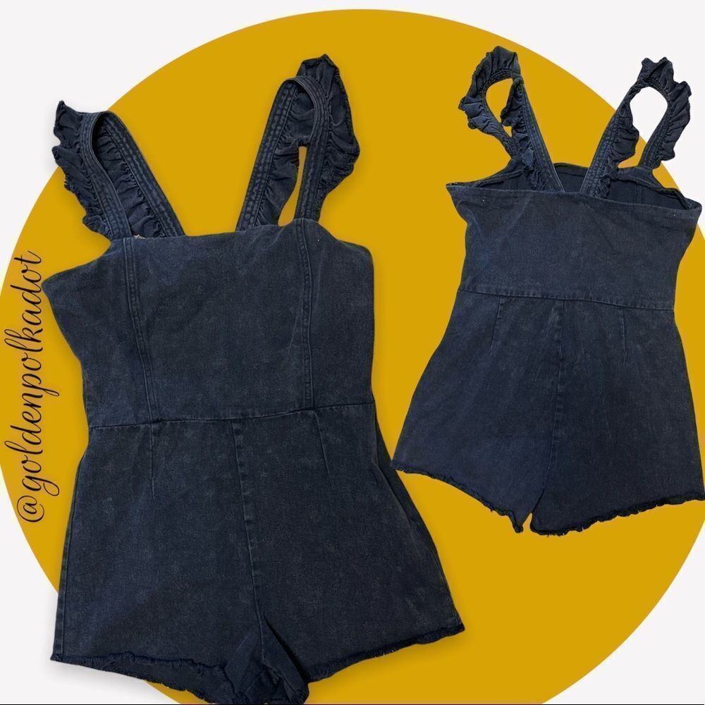 HONEY Punch Black Denim Ruffle Jumper Shorts Onesie Size Lg Retail $68 - Picture 7 of 8